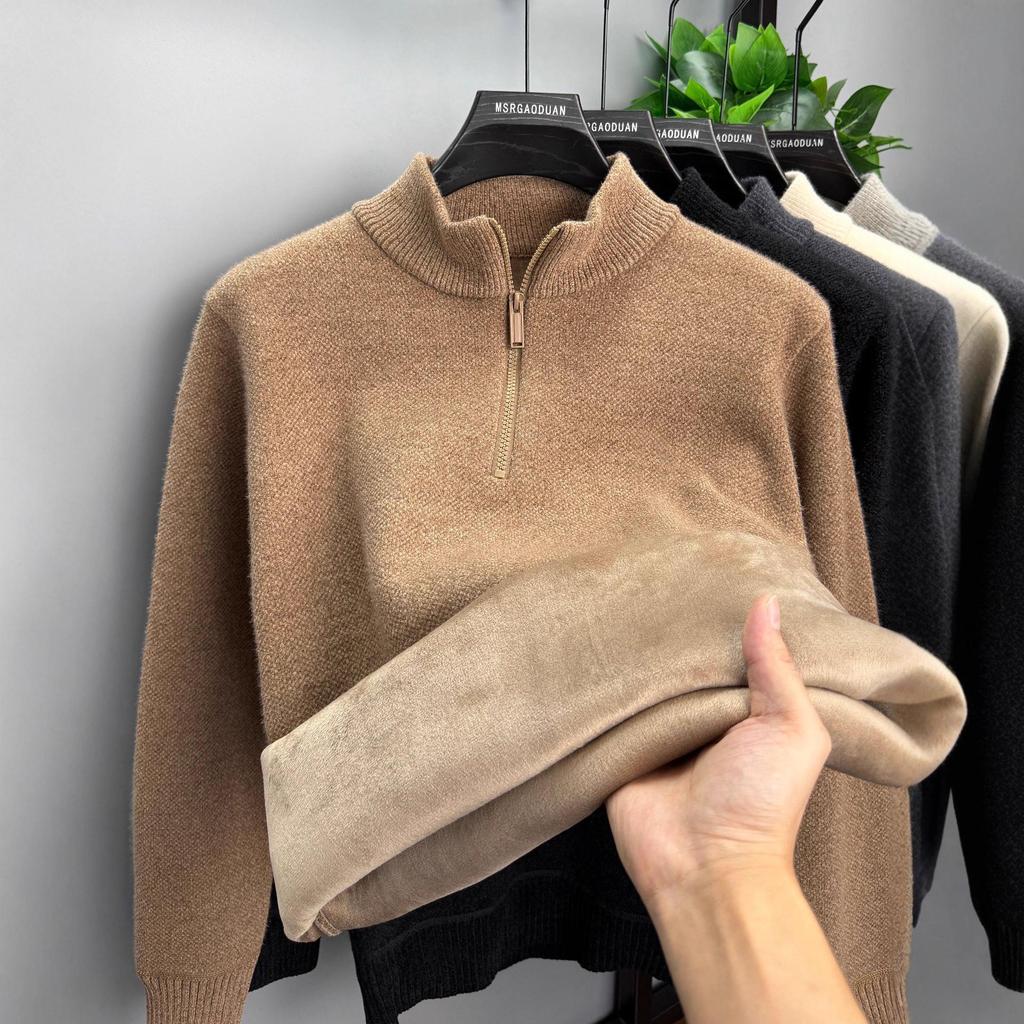 Herren Winter Chenille Pullover - Verdickter Halbhoher Kragen Reißverschluss - Warme Samtgefütterte Basisschicht