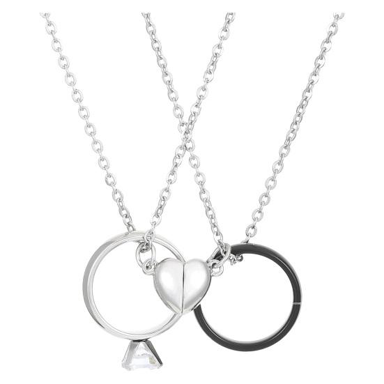 

1 пара парных ожерелий для пары, гальванизированный сплав, магнитный кулон в форме сердца и кольца, регулируемый, романтическая любовь, муж, жена, парные черный белый