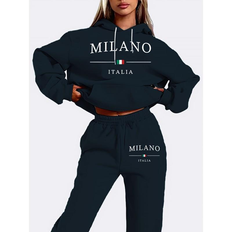 Womens Casual Hoodie Set Long Sleeve Sportswear Street Style Printed Loungewear