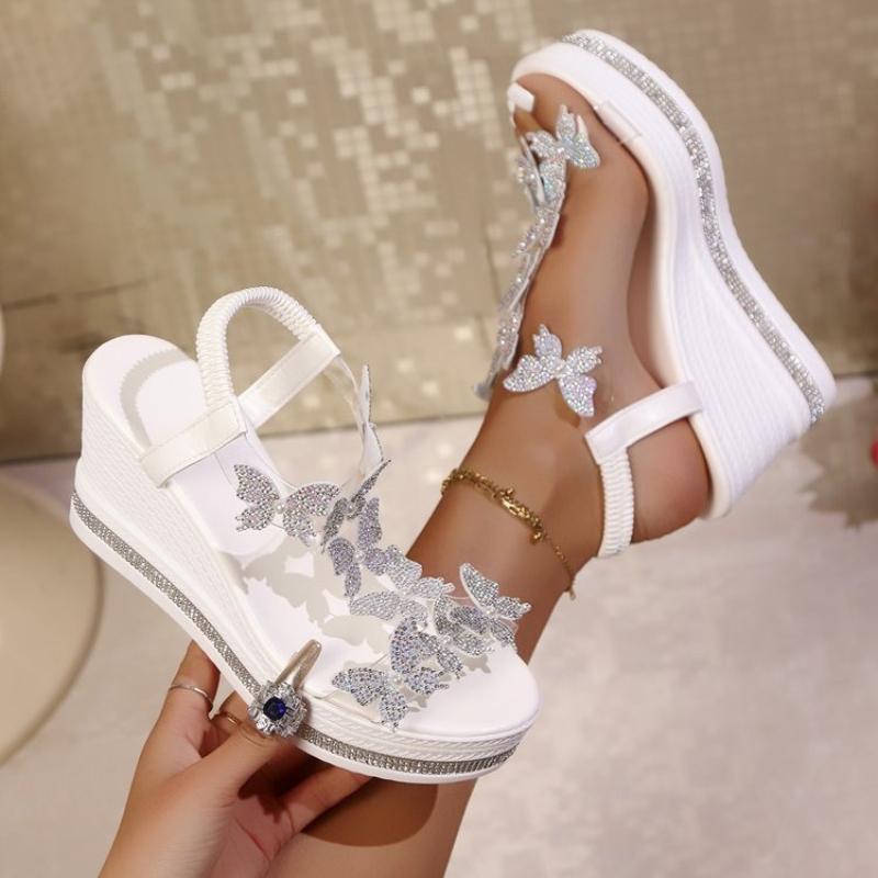 Women High Heel Wedge Sandals Platform Fashionable Butterfly Sandals Decoration Rhinestones Popular Among Toe Shoes for Women