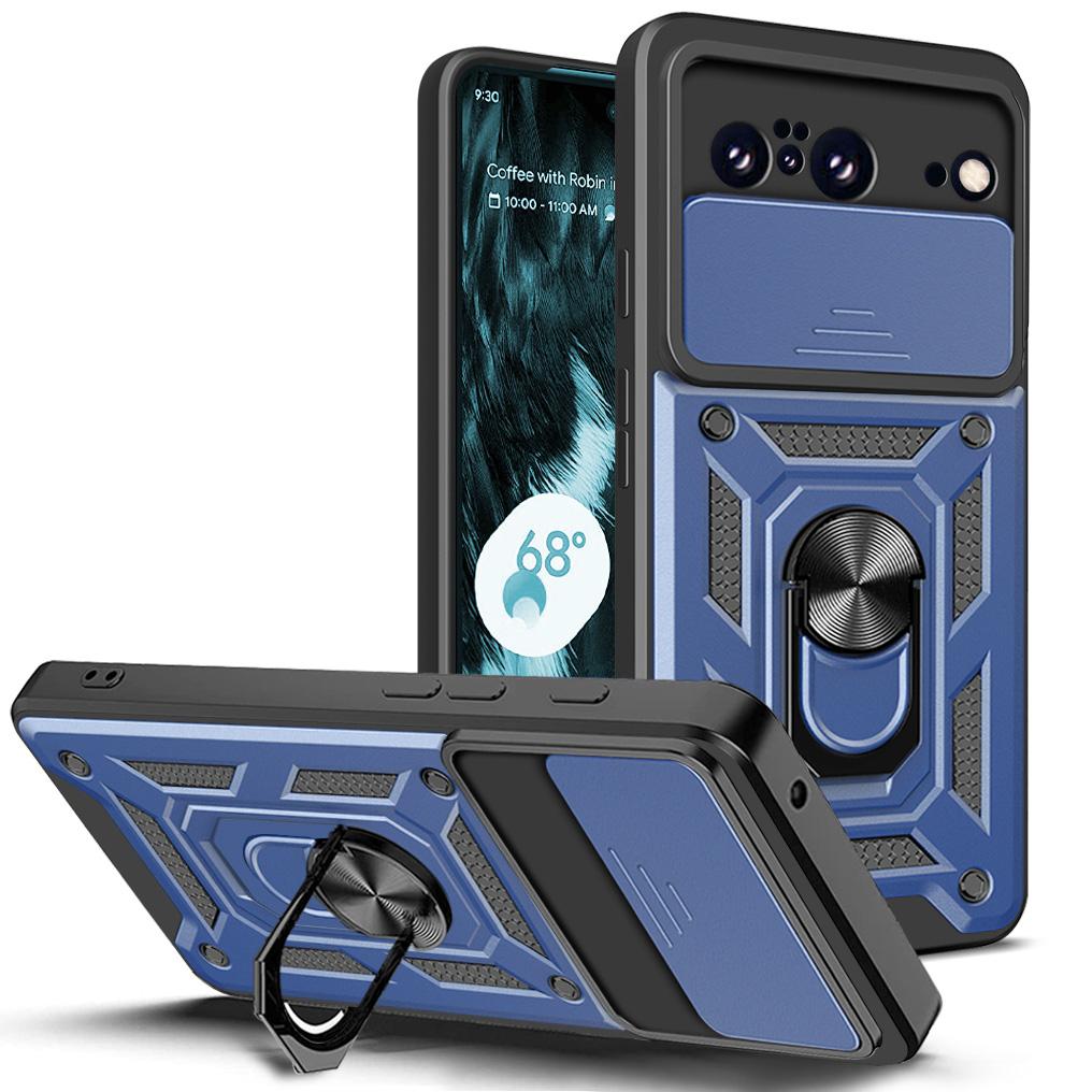 

Противоударный чехол для телефона Google Pixel 8 с выдвижной шторкой для камеры, подставкой, из ПК+ТПУ Blue