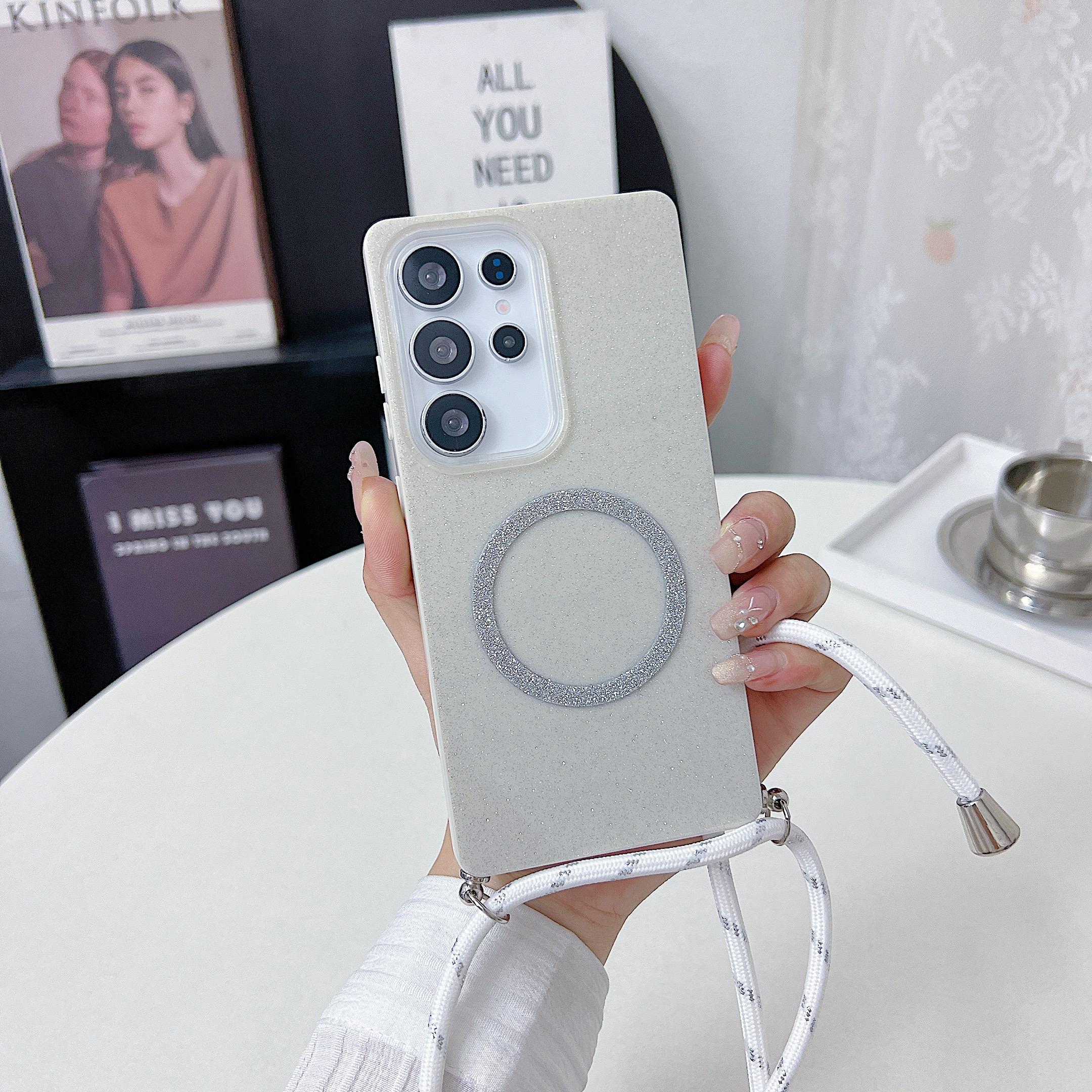 

Для Samsung Galaxy S25 Ultra Магнітний чохол Дизайн з блискітками TPU+Акрилова Задня кришка телефону зі шнурком White