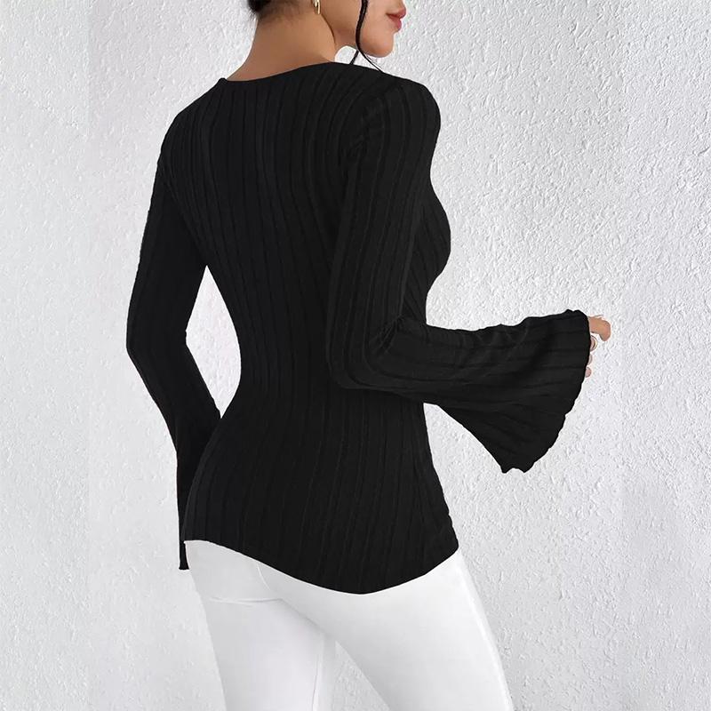 Women's Elegant Knitted Ribbed V-Neck Bell Sleeve Design T-Shirt Top