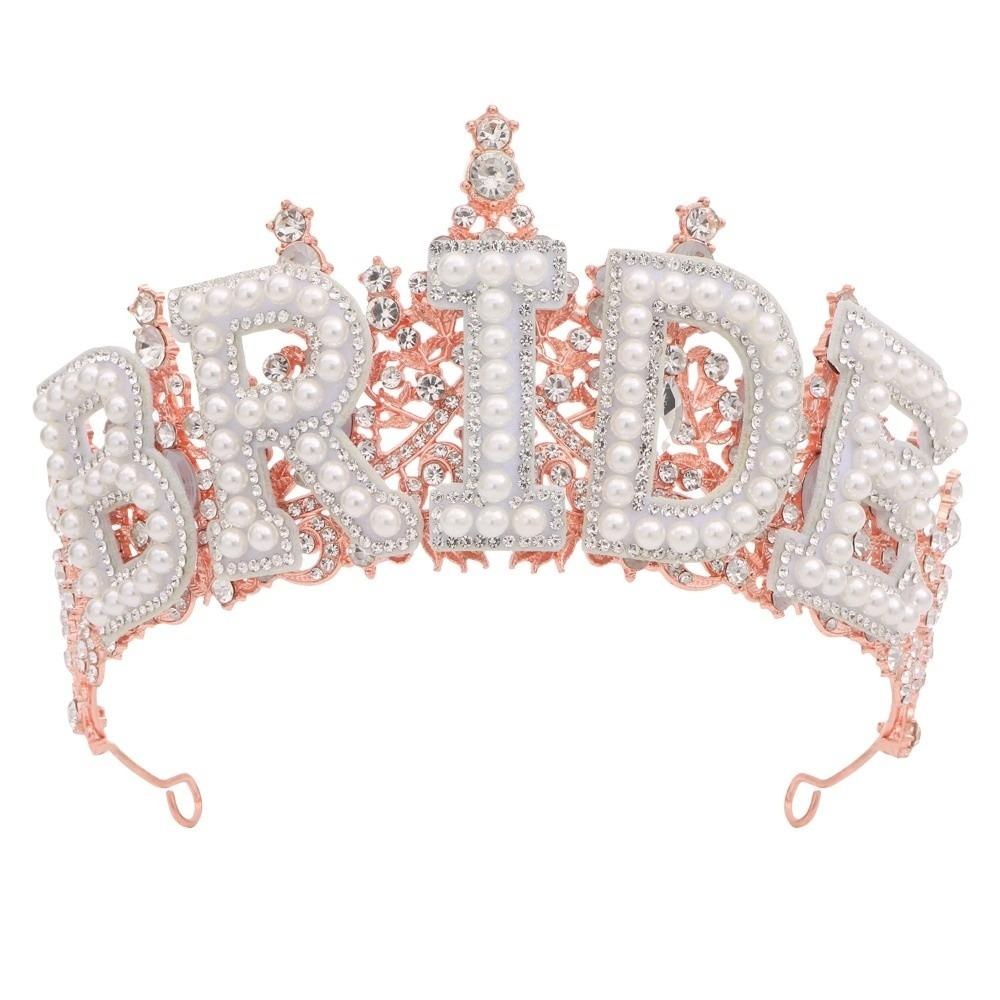 Wedding Decoration White Pearl Letter Crown Metal Bride Tiara Zinc Zinc Alloy Rhinestone Headband  Bride Gift