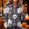 Women's Halloween Print Knit Long Sleeve Top with Lapel Collar