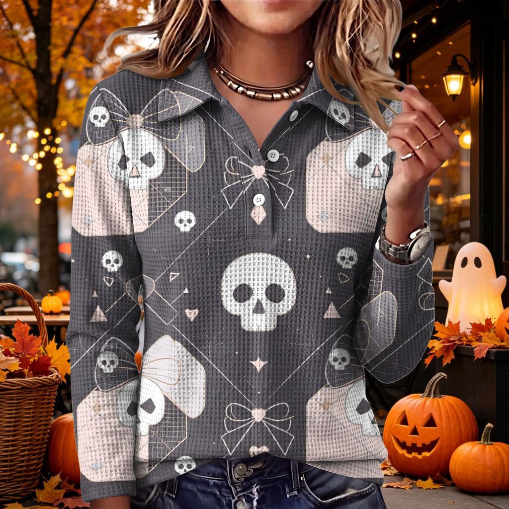 Women's Halloween Print Knit Long Sleeve Top with Lapel Collar