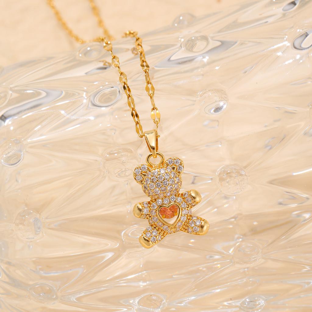 Little Bear Inlaid Love Zircon Women's Party Stainless Steel Plated 18K Gold Hypoallergenic Jewelry Pendant Necklace