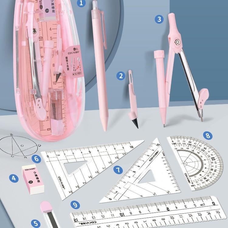 9-Piece Geometry Set for School: Compass, Protractor, Ruler, Square, and More