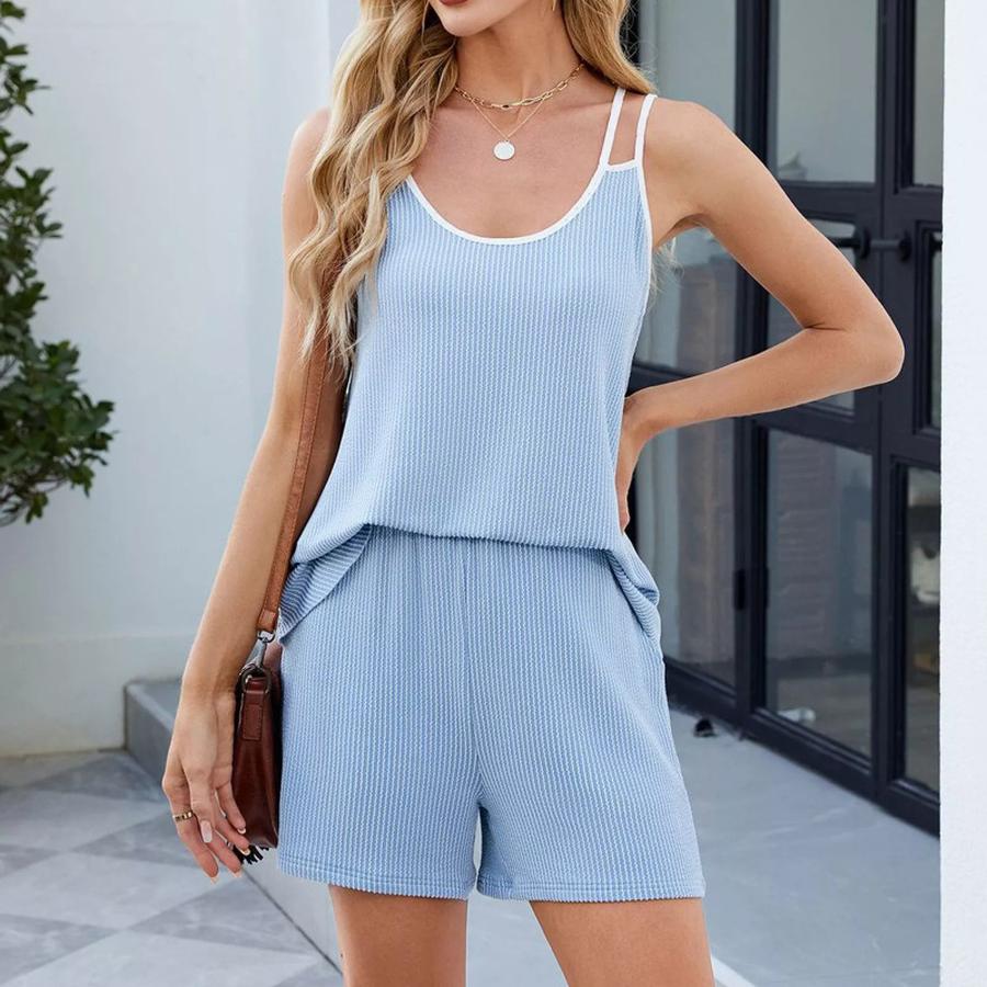 Summer New Arrivals Women's Color Block Crew Neck Pocket Shorts Set Casual Outfit