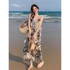 Women's Chinese Floral Ink Wash V-neck Spaghetti Strap Dress - Summer 2025 French Casual Holiday Style