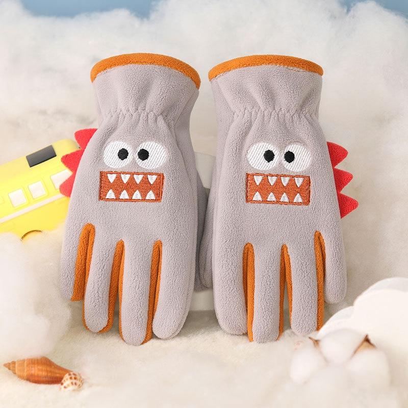 Cartoon Dinosaur Children Winter Gloves Thicken Warm Boys Girls Five Finger Gloves Kids Plush Outdoor Riding Ski Gloves