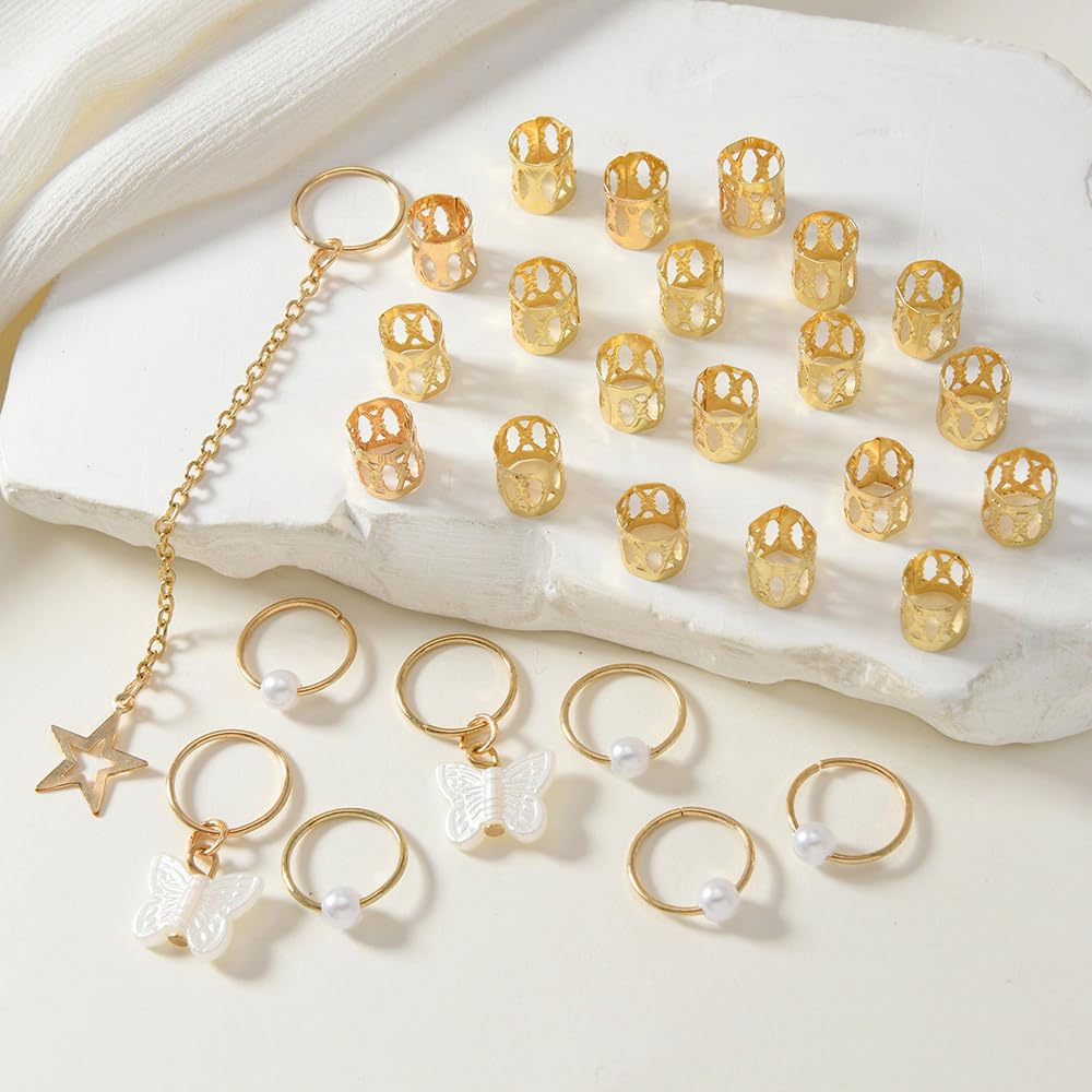 Vitalux Haarperlen 28-teiliges Set Haaraccessoires zum Flechten Schmetterling Herz Gold Silber Kinder-Haaraccessoires Hip-Hop Hochzeit DIY Handgemacht