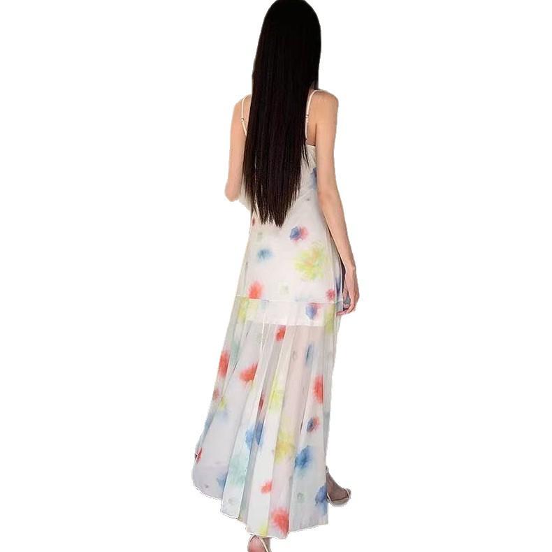 French Pure Desire Wind Waist Watercolor Suspender Dress Children's Design Sense Niche Irregular Fishtail Dress Spring and Summer