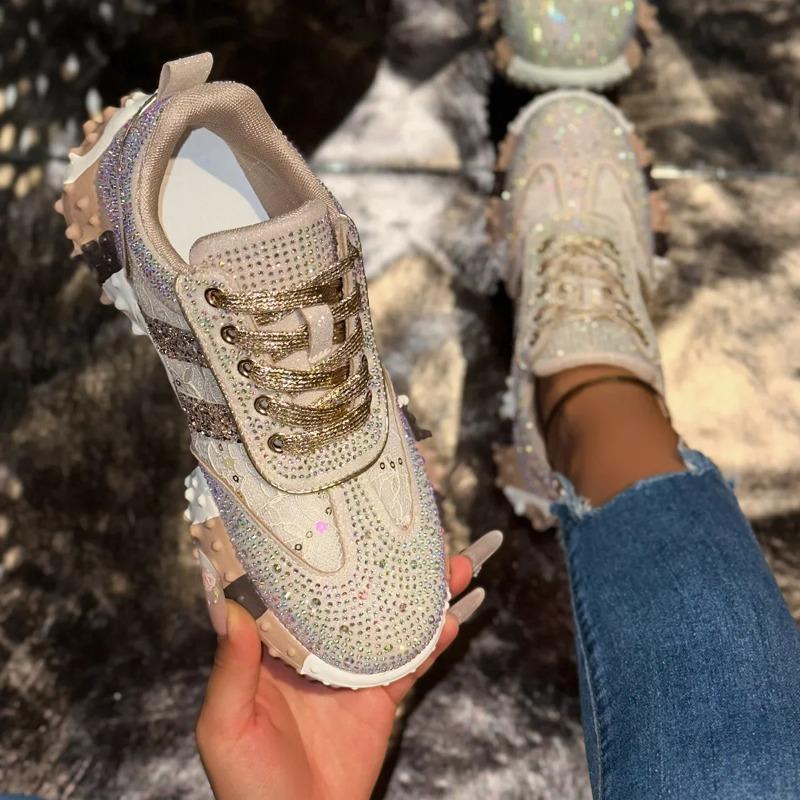 Fashion Breathable Casual Sporty Women's Single Shoes Spring Autumn Thick Bottom Leisure Sports Water Diamond Mesh Shoes Dad Sneakers