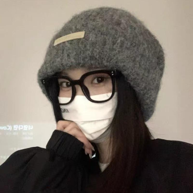 Wollgestrickte Wollmütze für Damen, großer Kopfumfang im Herbst und Winter, kleines Gesicht, warme Pile-Mütze, graue Mütze Tide