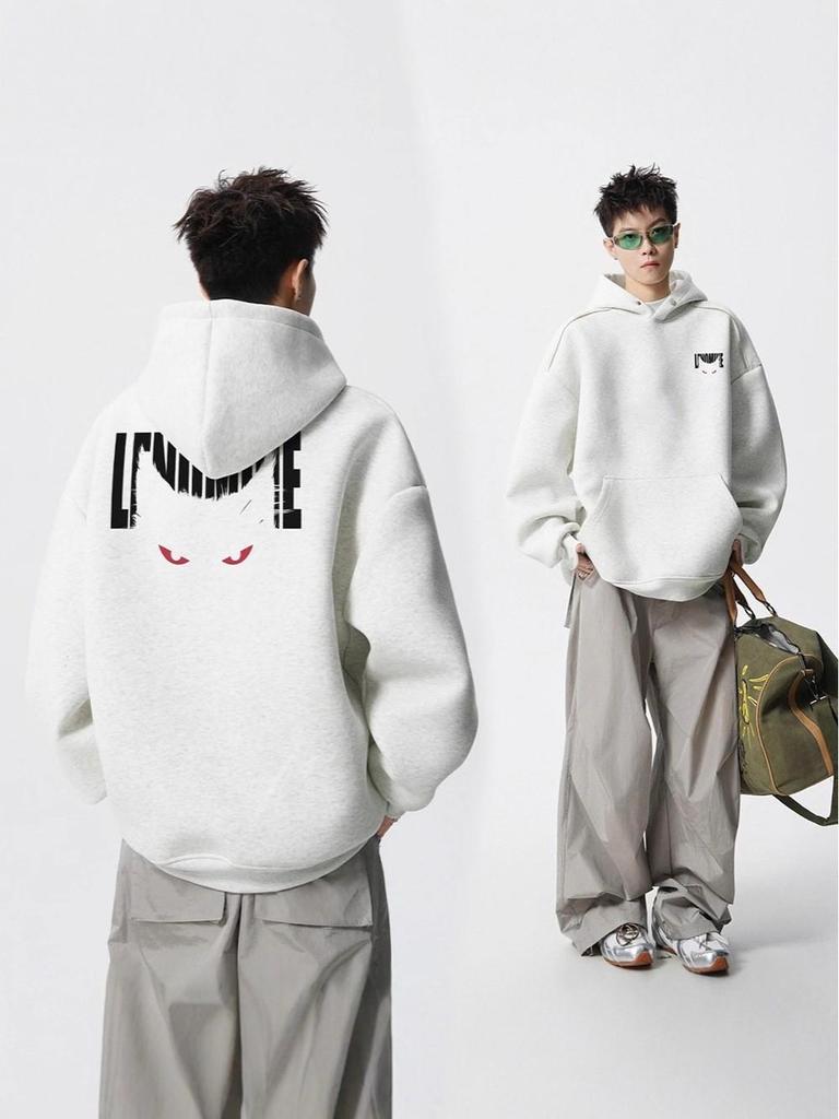 Men's Autumn Black Demon Cat Print Heavyweight Loose Fit Hoodie