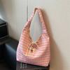 Korean Version of Cartoon Tomato Plaid Bag Large Capacity Shoulder Bag Spring and Summer New Versatile Canvas Bag Student Class Bag