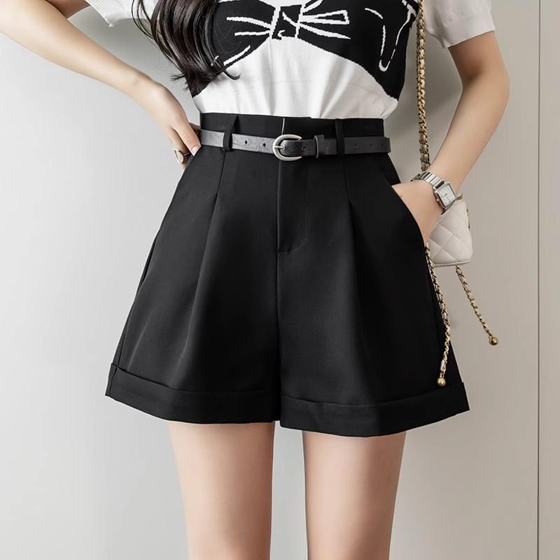 

Women s 2024 Summer High-Waist A-line Wide-Leg Cuffed Shorts with Belt Medium