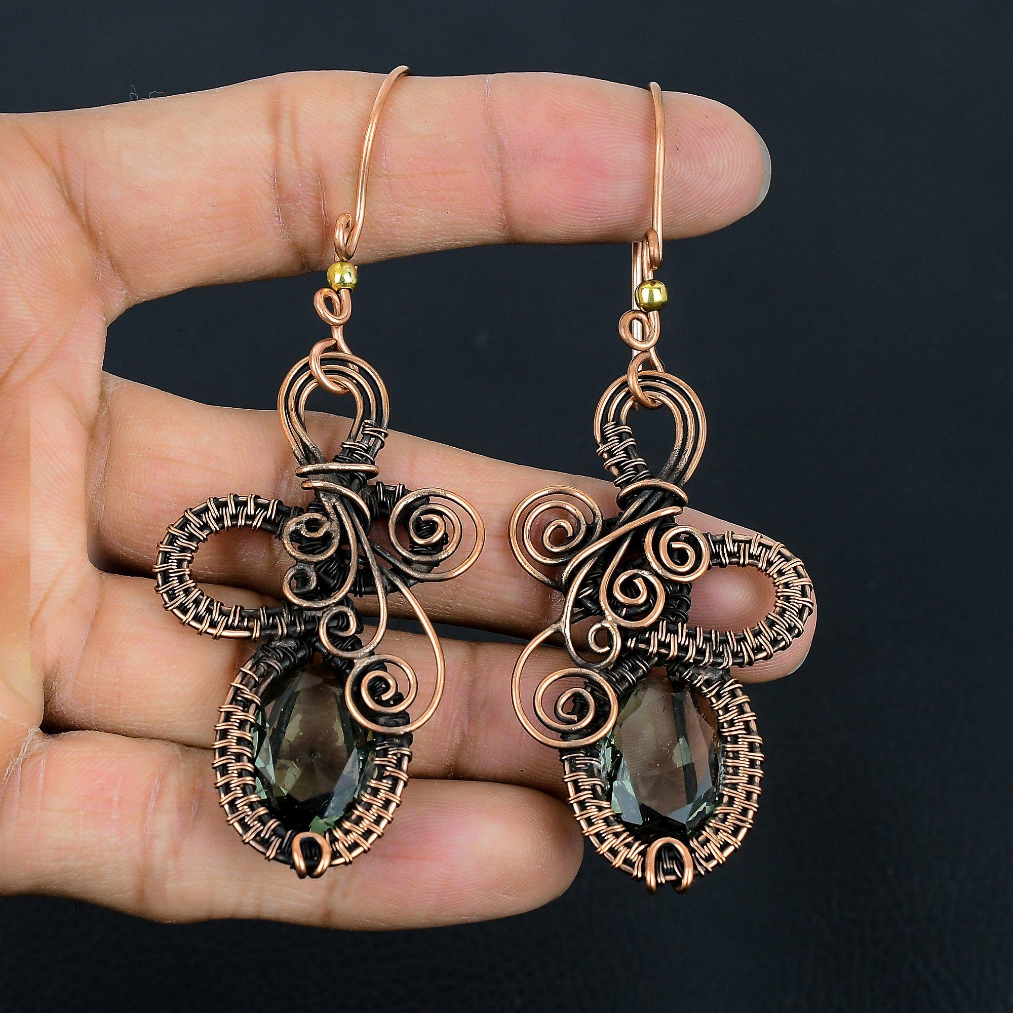 

Серьги из аква-апатита, серьги, обмотанные медной проволокой 999 пробы, украшения ручной работы с драгоценными камнями, подарки для жены, совершенно новые серьги 2.55 Inches