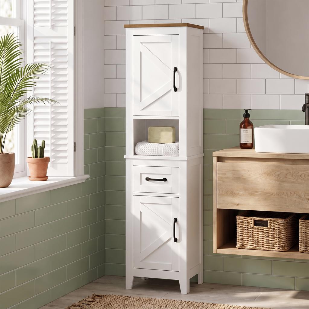 Bathroom Cabinet, 2 Doors, Drawer, Open Compartment, Adjustable Shelves, White