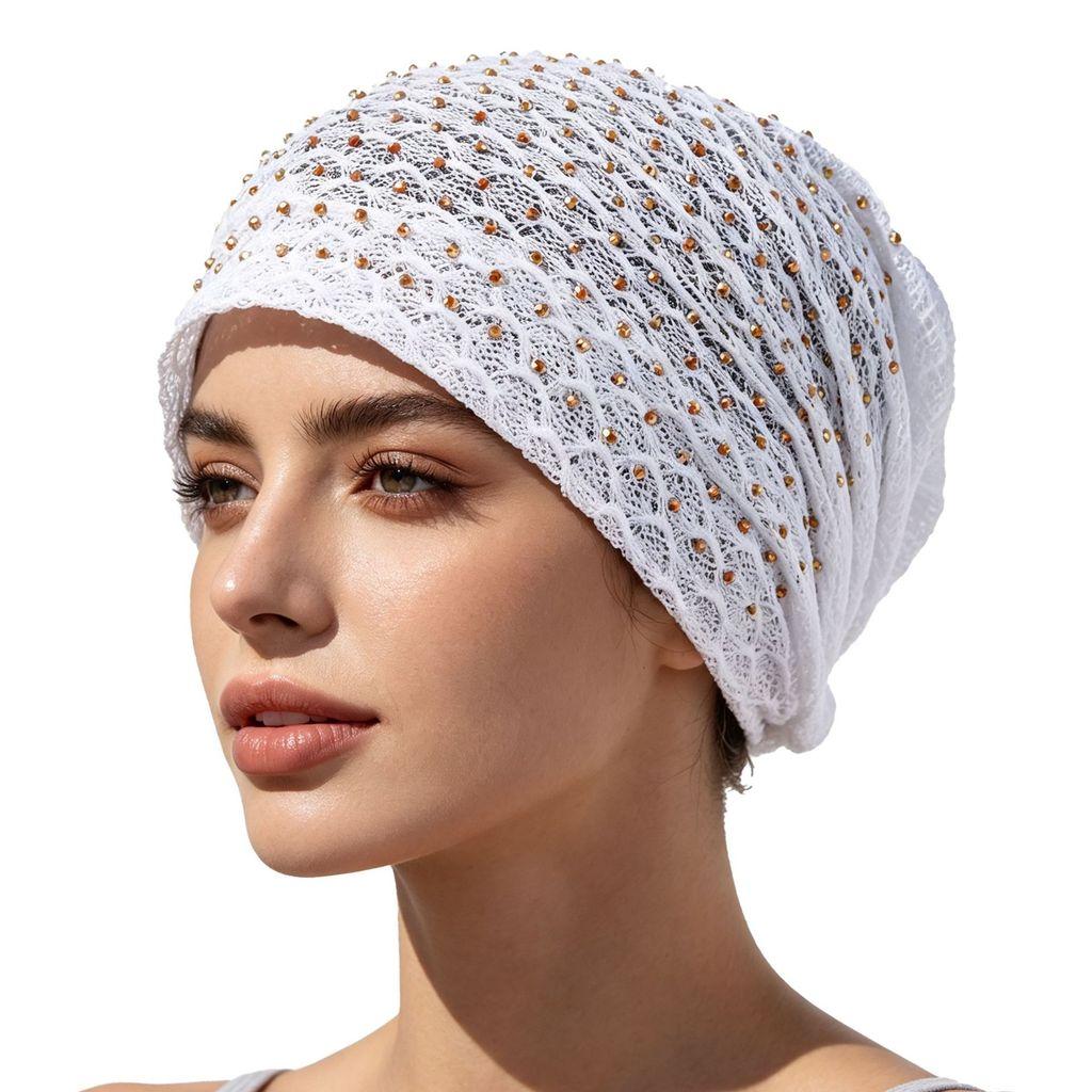 Ethnic Hat Women Spring Summer Thin Breathable Lace Water Drilling Fashion Headscarf Cap