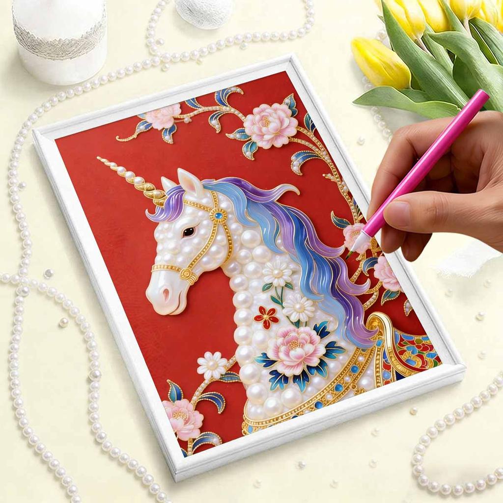 DIY Pearl Painting Set White Horse Pattern Home Decoration Handmade Sticky Diamond Creative Canvas Pearl Art Painting Crafts Perfect Gift