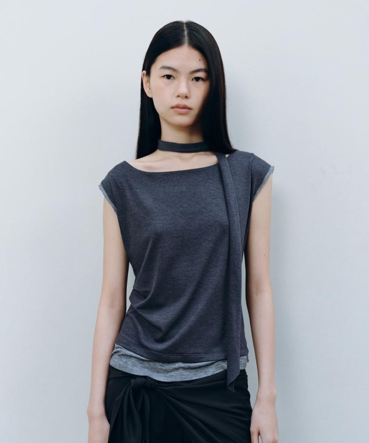 Kasel Layered Neck Strap T-Shirt, Charcoal