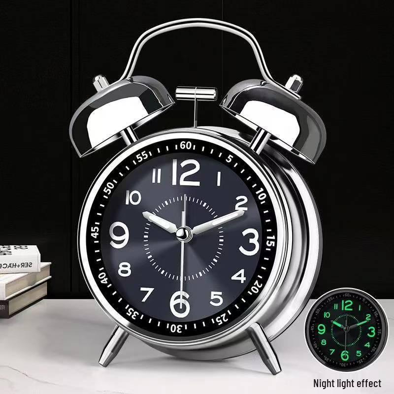 Rechargeable Metal Bell Alarm Clock with Night Light - Super Loud Wake-Up Device for Bedsides, Ideal for Students and Elderly Rooms.