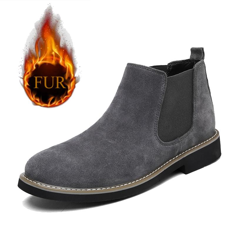 Fashion Winter Plush Fur Chelsea Men's Boots Cowhide Ankle Boot Outdoor Sports Men's High Top Shoes Classic Simple Western Cowboy Boots