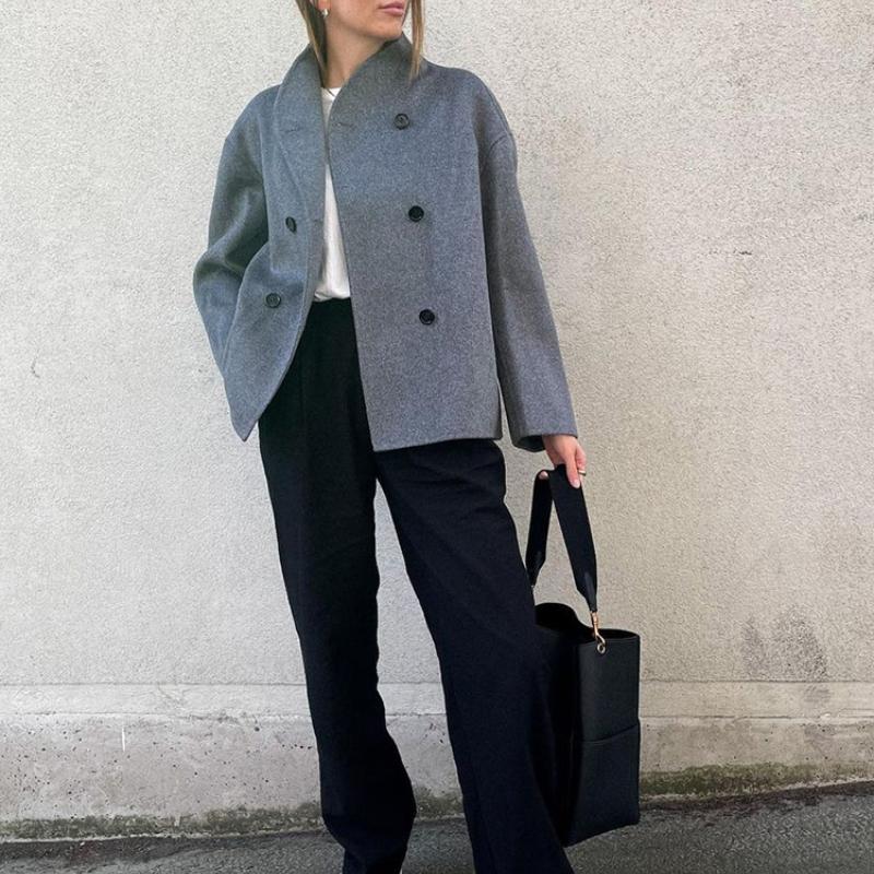 Single Breasted Women Jacket  Autumn Winter Pure Color Long Sleeve Loose Female Fashion Turn-down Collar Street Outwear