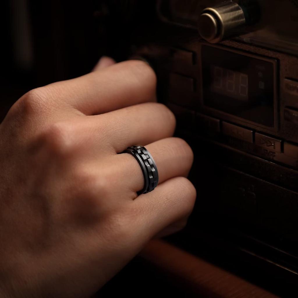 Fashion Punk Style Gear Rotating Anxiety Fidget Ring Titanium Steel Chain Spinner Rings For Men Rock Biker Wedding Party Jewelry
