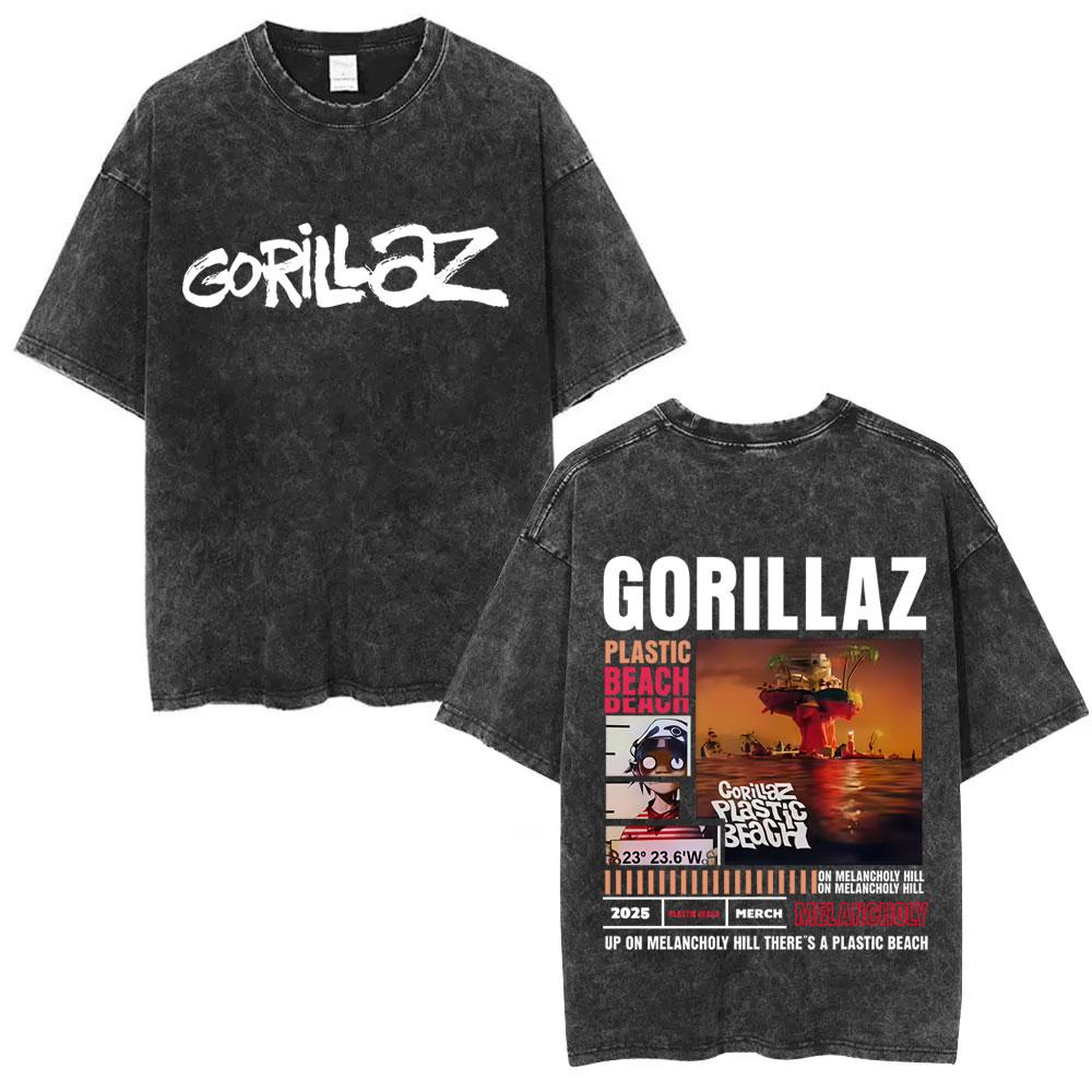 Washed Vintage Rock Band Gorillaz The Mountain Tour T Shirt Men Women Casual Oversized Tshirt Man Retro Rock Gothic Tshirt