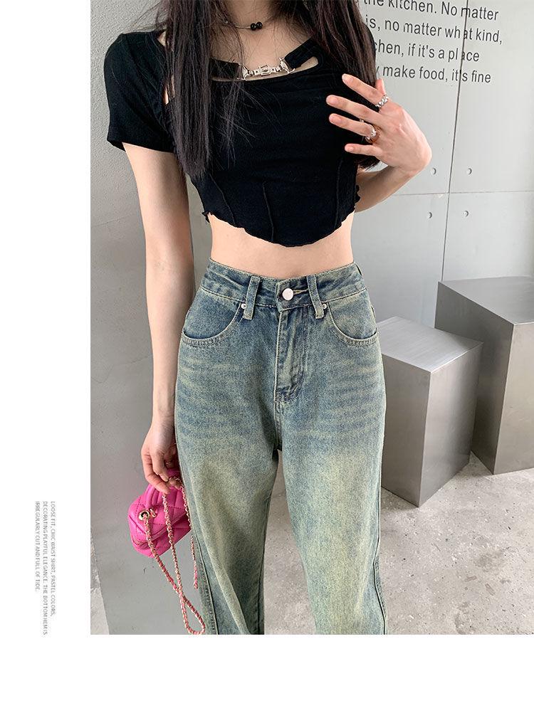 Nostalgische Retro High Waist Straight Leg Jeans für Frauen mit birnenförmigen Figuren - Lässige lockere Wide Leg Hosen in voller Länge für den Herbst.
