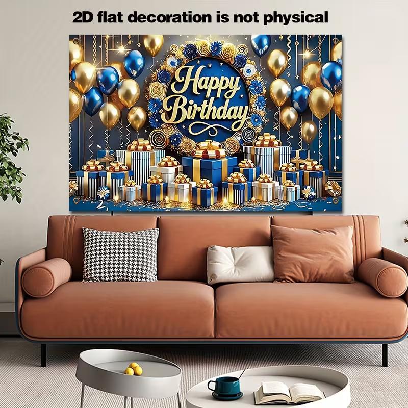 2D Blue Gold Birthday Banner Cloth Balloons and Gift Boxes Party Decoration