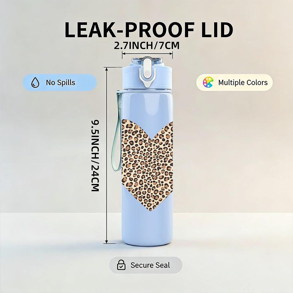 1PC Leopard Texture Heart Pattern Print 750ml Color Plastic Sports Water Bottle Leakproof Flip Straw Lid Suitable for Sports Office Home Use