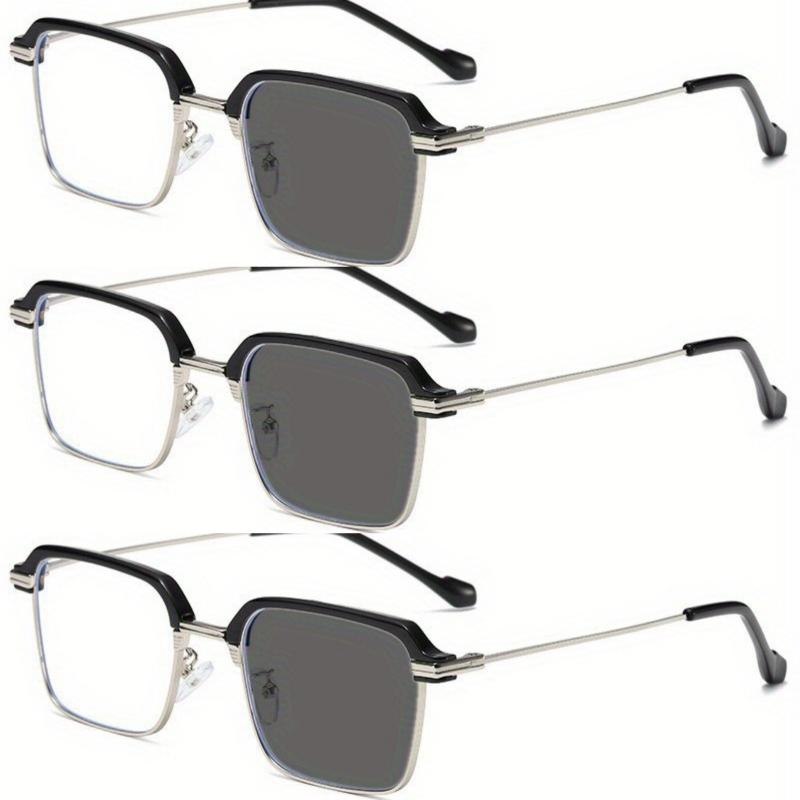 

3pcs Fashion Business Light Change Reading Glasses Men and Women Metal Square Frame Myopia Glasses 0 to+4.0 Neutral 4.0