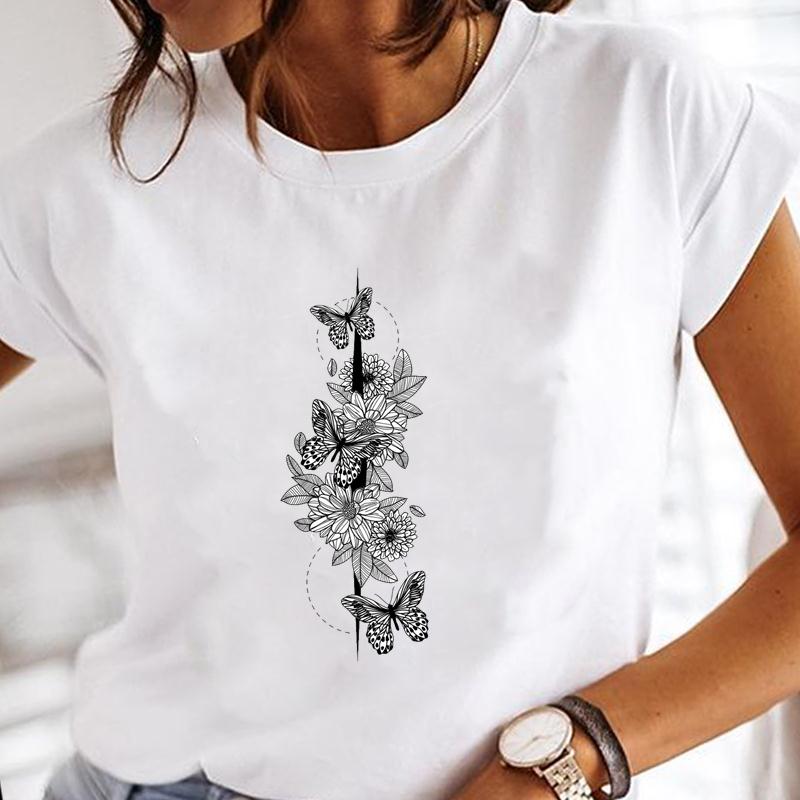 90s Women Short Sleeve Flower Floral Lovely Cute Print Tee Top Summer Fashion T-shirt Clothing Casual Lady Female Graphic T-shirt