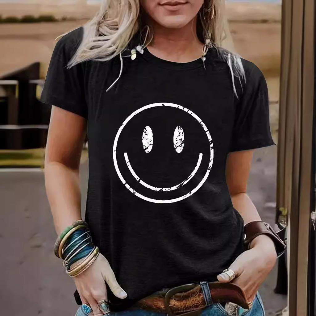 Letní top s kulatým výstřihem a potiskem Módní Ležérní Roztomilá dámská trička z čisté bavlny s krátkým rukávem