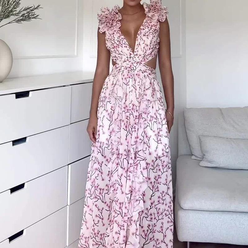 Autumn Europe, America, New Fashion and Leisure Home Floral Backless Waist Temperament French Dress Women