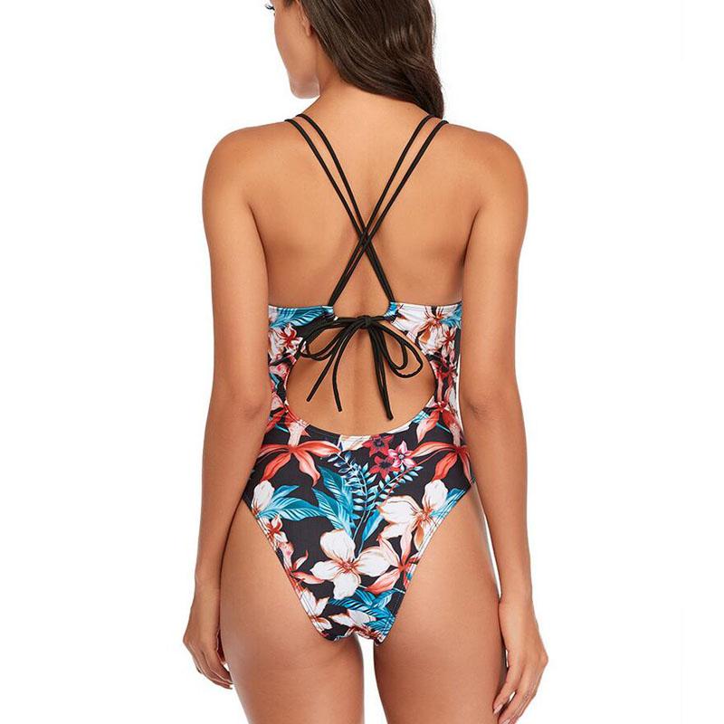 Floral Print One Piece Swimwear Deep V-Neck Women Swimsuit Cri-Cross Bathing Swimming Suit