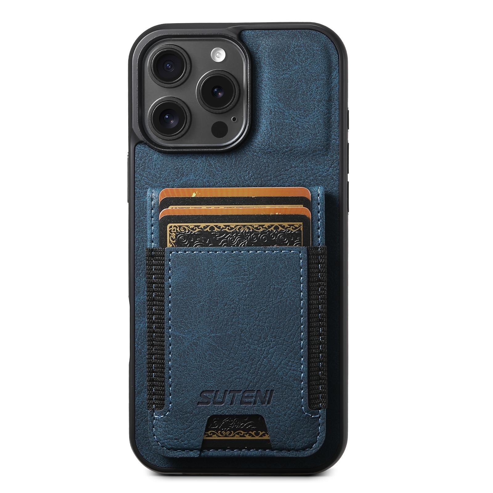

SUTENI H03 For iPhone 16 Pro Case Card Holder Kickstand Litchi Texture Leather+TPU Phone Cover Blue