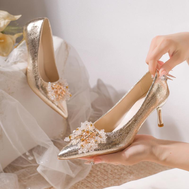 Pointed Stiletto Applique Solid Color High Heels Festive Wedding Dress Wedding Shoes Bride Show Shoes Korean Version of Fashion