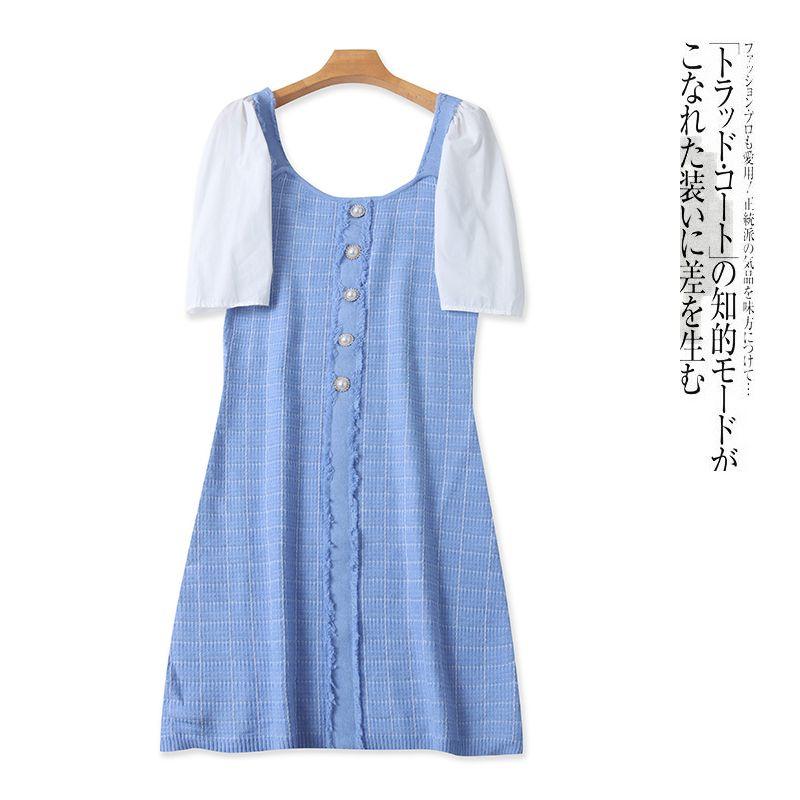 

Classic Style Fake Two-Piece Dress Spring & Fall New Foreign Trade Women s Clothing French Collar Puff Short Sleeve Pullover Short Skirt 30550 Light blue white A- 6-25-4 L