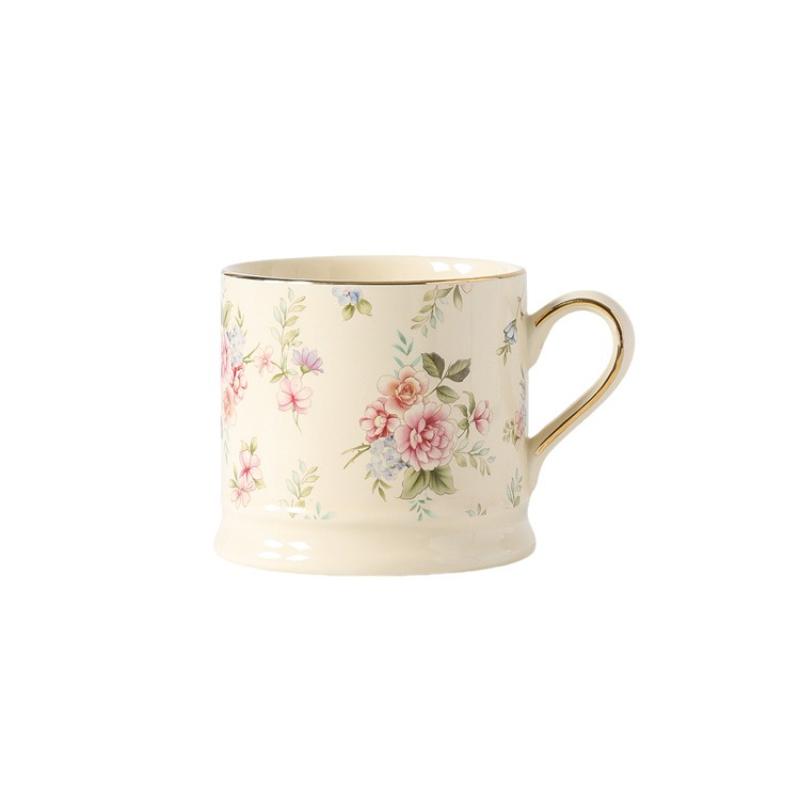 Nordic Hand Drawn Flower Ceramic Mugs Light Luxury Coffee Cups Golden Edged Milk Cup Breakfast Mug Kitchen Drinkware
