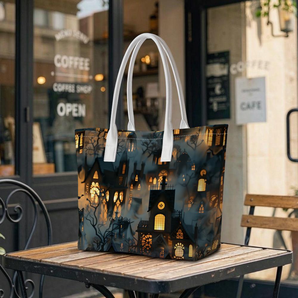 Halloween Spooky Castle Print Portable Tote Bag for Daily Shopping Use