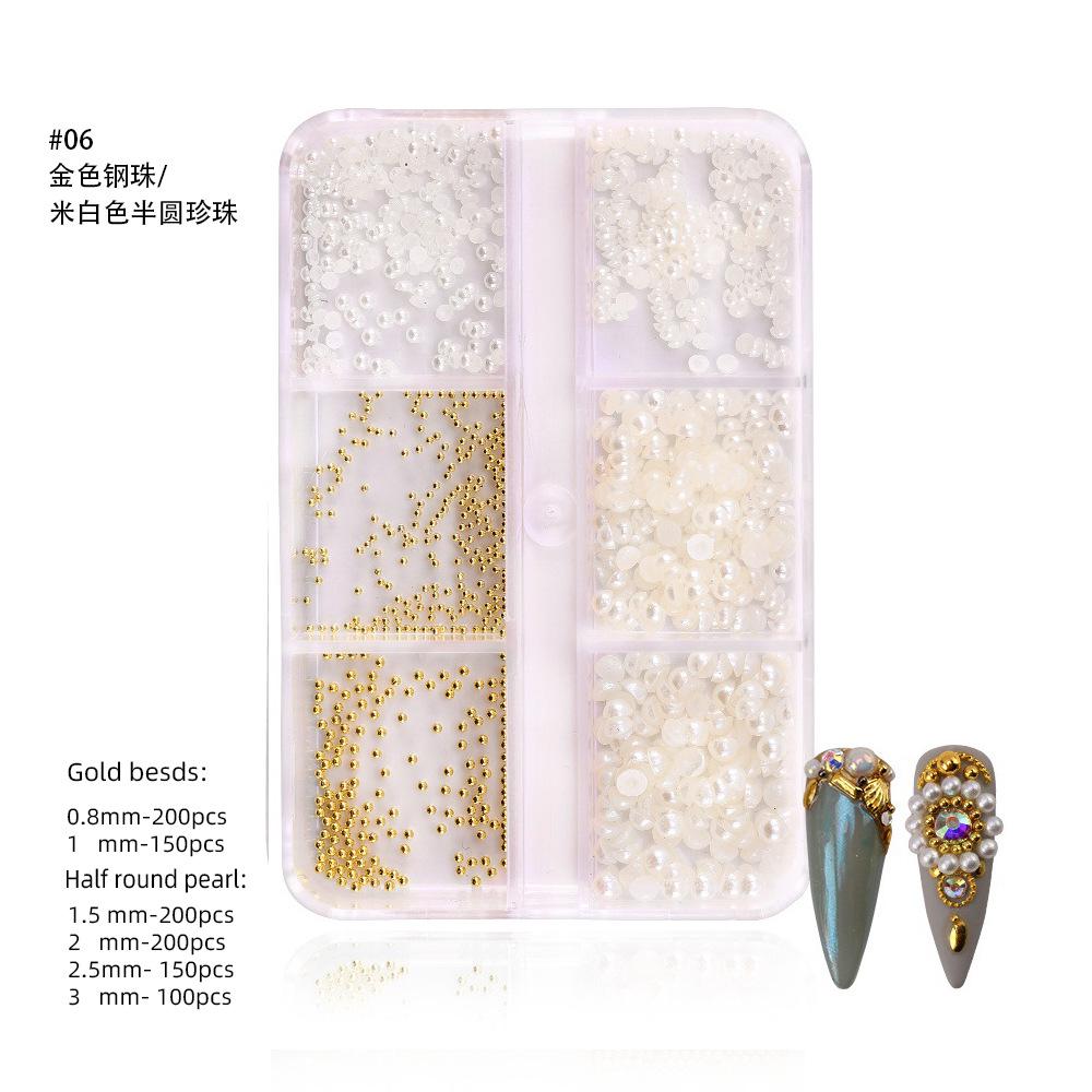 6-Grid Nail Art Pearl Ab Symphony Semicircle Abs Pearl Small Steel Ball Mixed Nail Jewelry