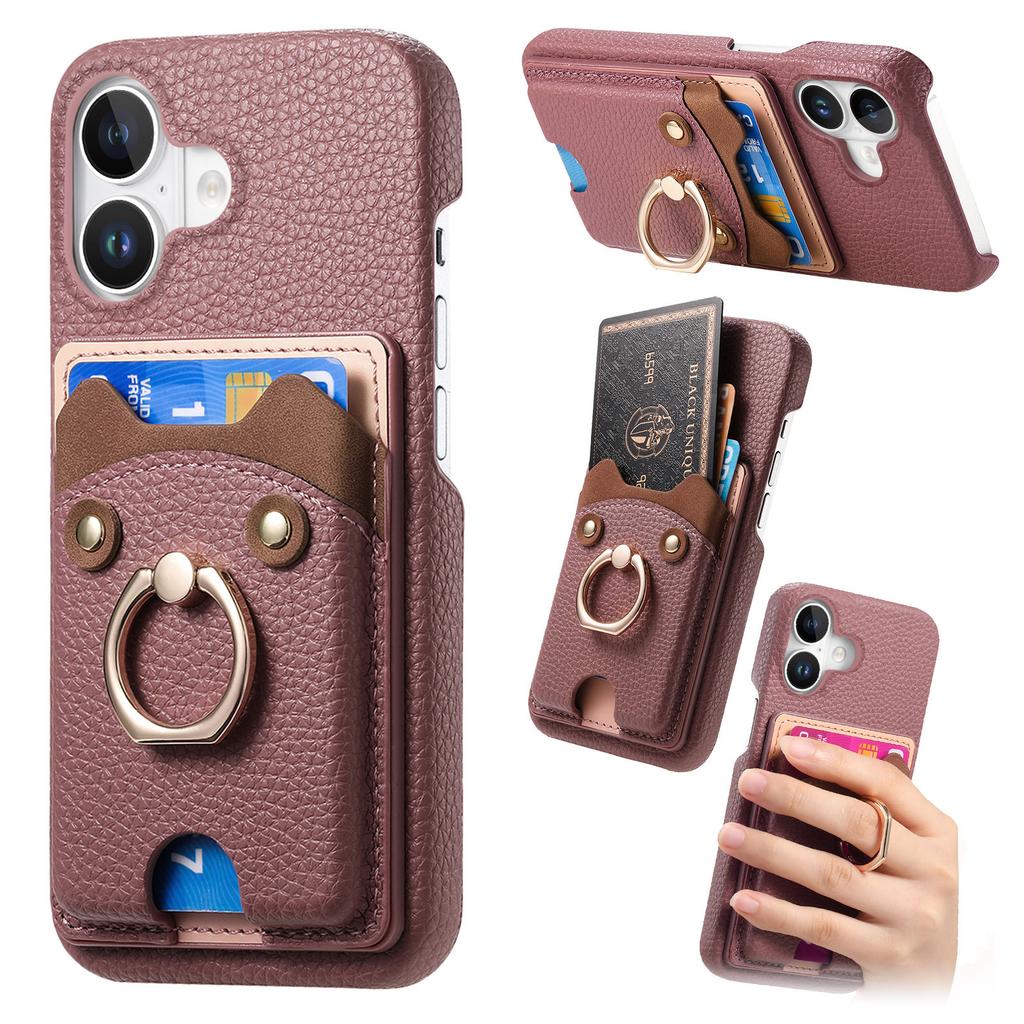 Y6 For iPhone 16 Case Cute Bear Design PU Leather+TPU Card Holder Phone Cover - Pink