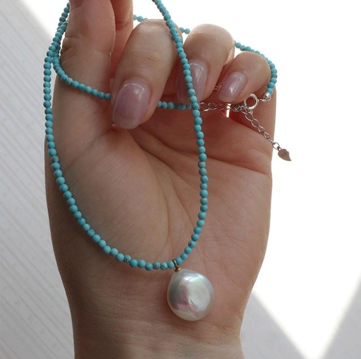 100% Natural Baroque Freshwater Pearl & Turquoise Stone Female Beads Chain Necklace  For Women New Year Gifts