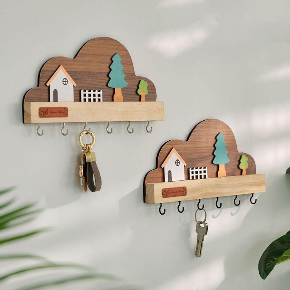 Cloud House Forest Key Storage Holder Solid Wood Decorative Hook  Housewarming Gift