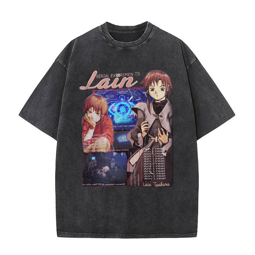 Japanese Anime Serial Experiments Lain Vintage Washed T Shirt Manga Iwakura Girl Sci Fi T-shirts Men 100% Cotton Casual T Shirt